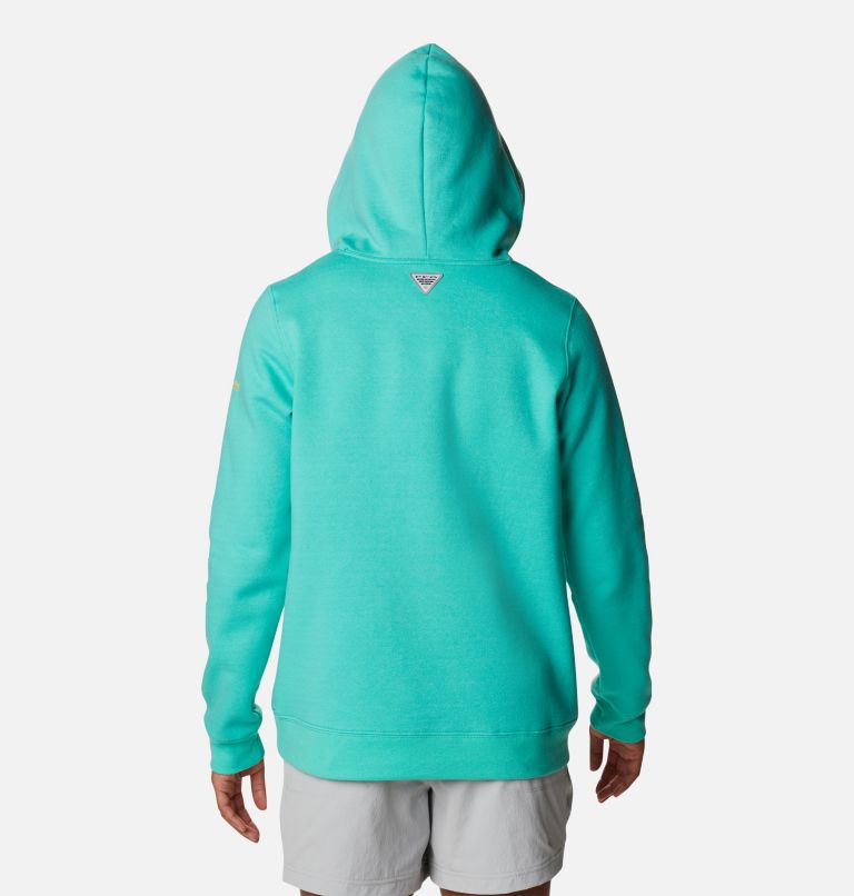 Women's PFG Slack Water Graphic Hoodie, Color: Electric Turquoise, Sun Glow