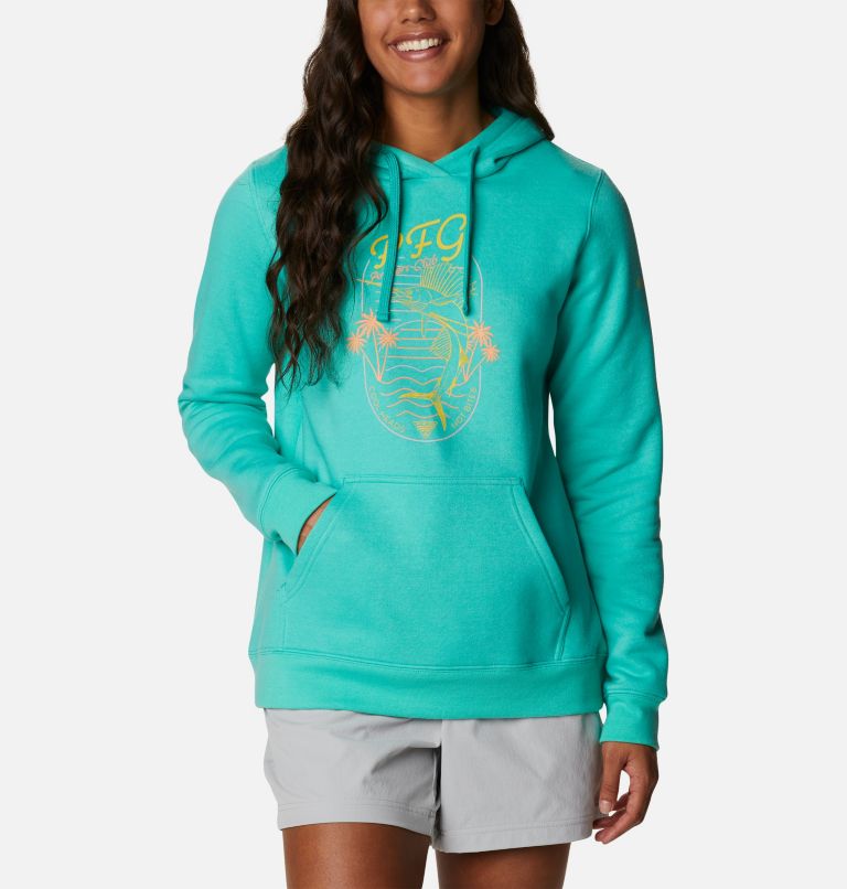 Women's PFG Slack Water Graphic Hoodie, Color: Electric Turquoise, Sun Glow