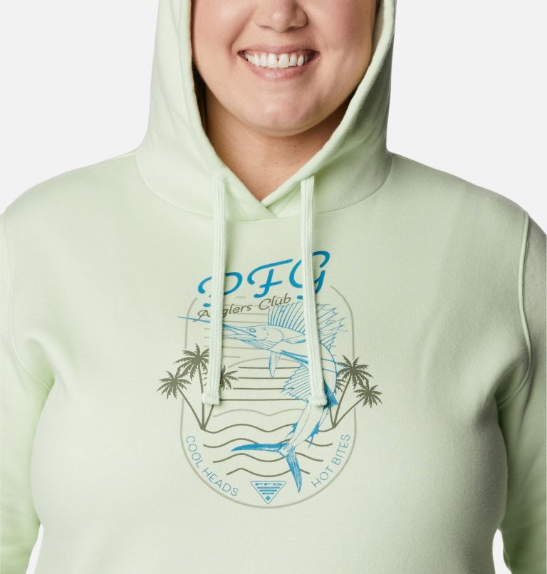 Thumbnail: Women's PFG Slack Water Graphic Hoodie - Plus Size, Color: Light Lime, Deep Marine, image 4