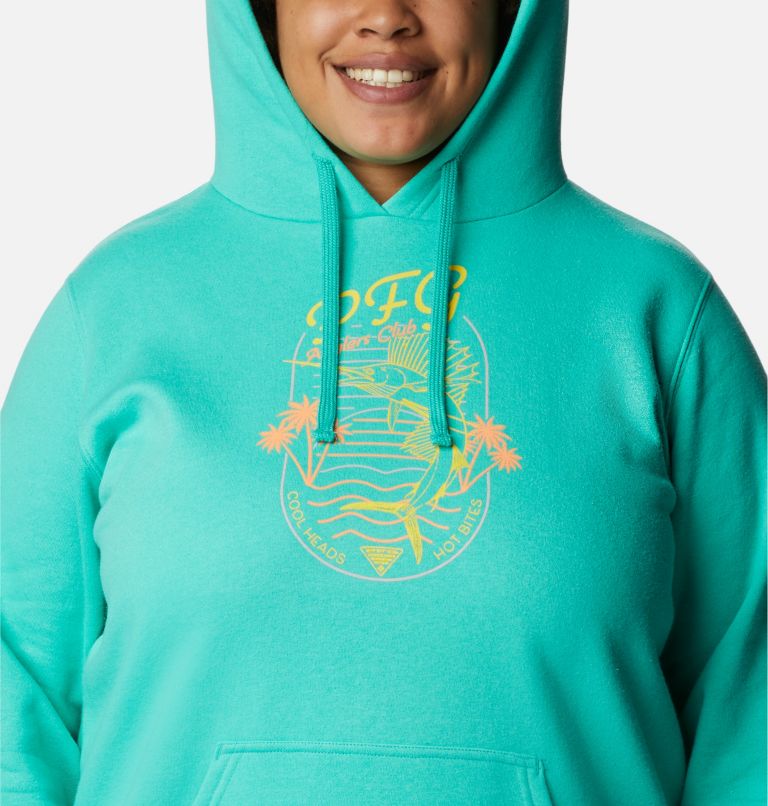Women's PFG Slack Water Graphic Hoodie - Plus Size, Color: Electric Turquoise, Sun Glow