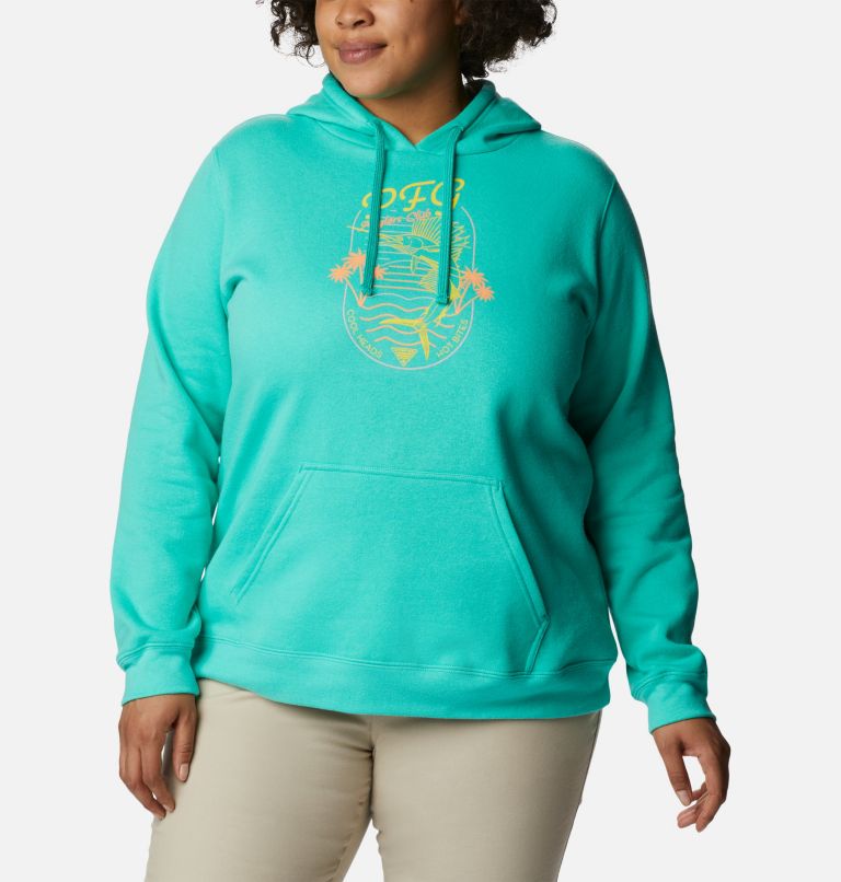 Women's PFG Slack Water Graphic Hoodie - Plus Size, Color: Electric Turquoise, Sun Glow, image 1