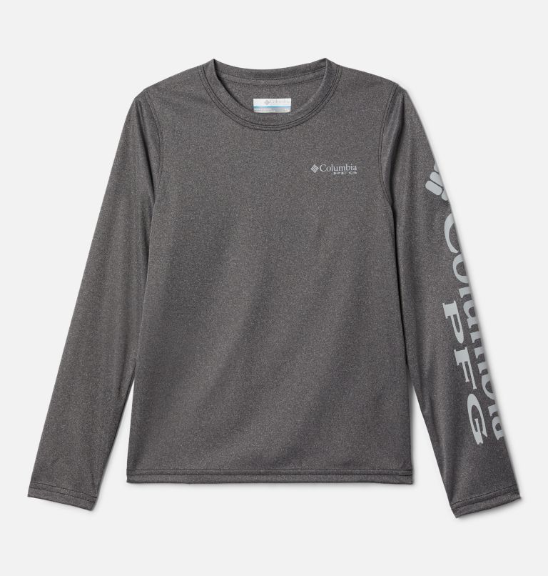 Boys' PFG Terminal Tackle Heather Long Sleeve Shirt, Color: Black Heather, Cool Grey Logo, image 1