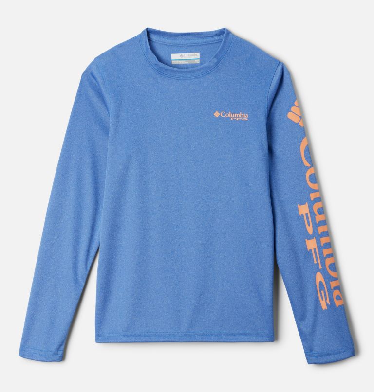 Thumbnail: Boys' PFG Terminal Tackle Heather Long Sleeve Shirt, Color: Vivid Blue Heather, Bright Nectar Logo, image 1