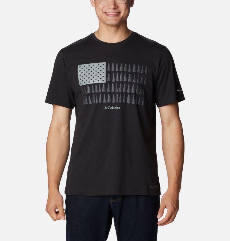 Men's Thistletown Hills Graphic T-Shirt, Color: Black, Treestriped Flag, image 1