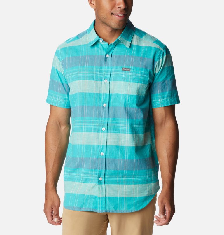 Thumbnail: Men's Rapid Rivers Novelty Short Sleeve Shirt, Color: Bright Aqua Scattered Stripe, image 1