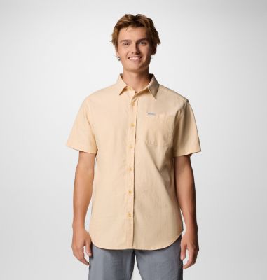 Men’s Rapid Rivers Technical Cotton Short Sleeve Shirt, Color: Sand Dune Diamond Dobby Chambray, image 1