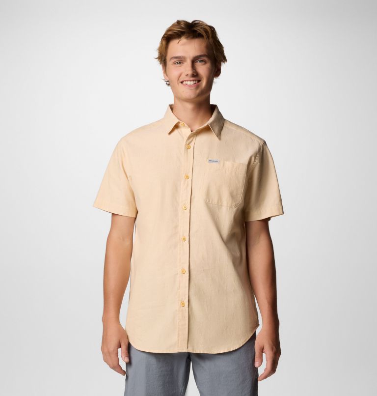 Men’s Rapid Rivers Technical Cotton Short Sleeve Shirt, Color: Sand Dune Diamond Dobby Chambray, image 1