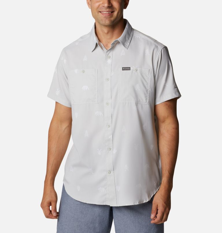Thumbnail: Men's Utilizer Printed Woven Short Sleeve Shirt, Color: Nimbus Grey Camp Social, image 1