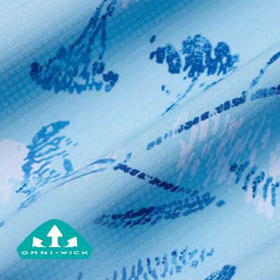 Close up of fabric with the Omni Wick logo in the bottom left and a graphic showing how moisture evaporates from the fabric's surface.