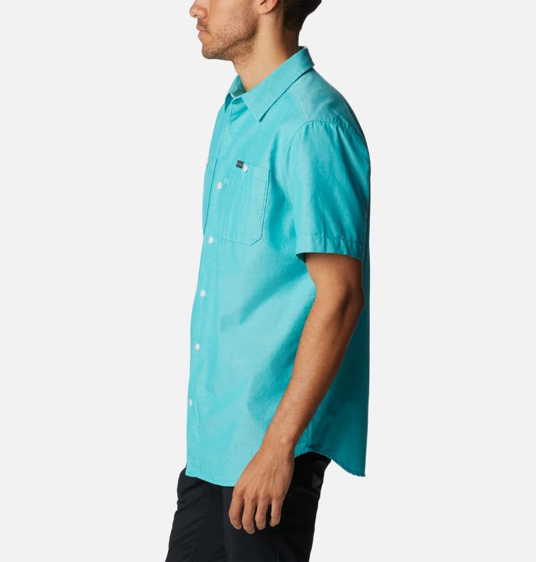 Men's Scenic Ridge Woven Short Sleeve Shirt, Color: Bright Aqua Chambray, image 3