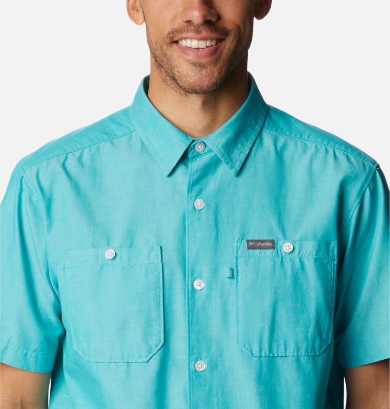 Men's Scenic Ridge Woven Short Sleeve Shirt, Color: Bright Aqua Chambray, image 4