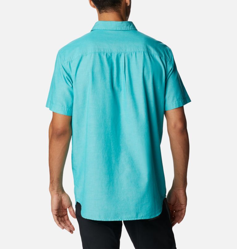 Men's Scenic Ridge Woven Short Sleeve Shirt, Color: Bright Aqua Chambray, image 2