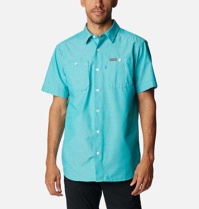 Men's Scenic Ridge Woven Short Sleeve Shirt, Color: Bright Aqua Chambray, image 1