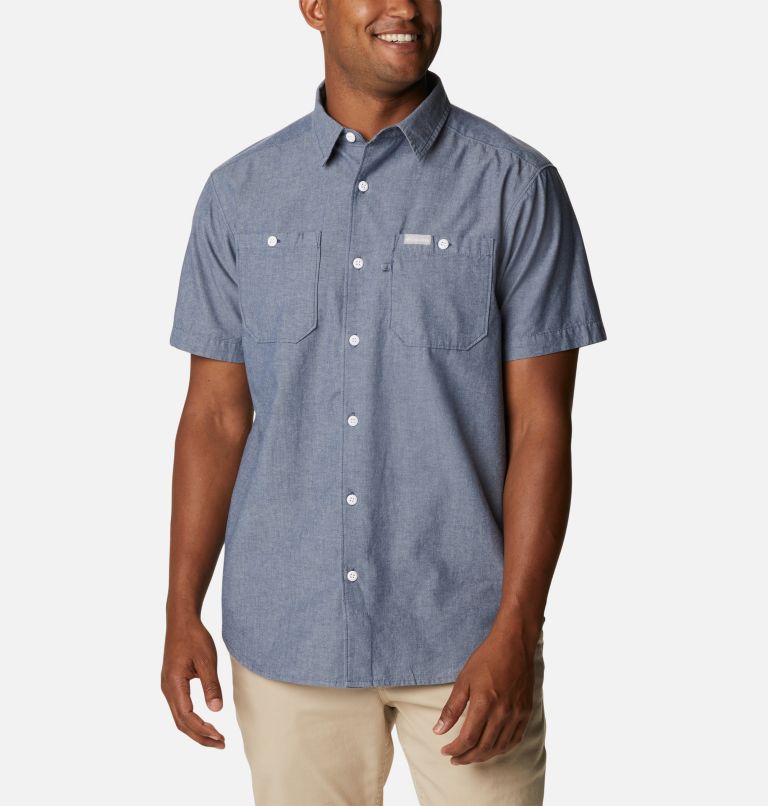 Men's Scenic Ridge Woven Short Sleeve Shirt, Color: Dark Mountain Chambray, image 1