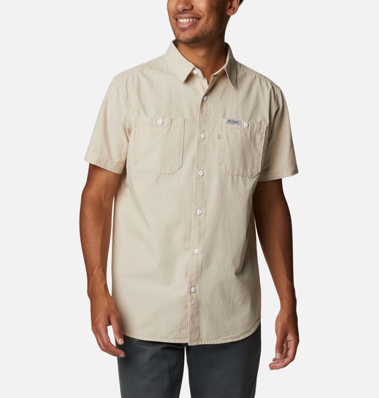 Camisa casual de manga corta Scenic Ridge para hombre, Color: Ancient Fossil Chambray, image 1