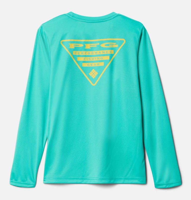Boys' PFG Terminal Tackle Triangle Logo Long Sleeve Shirt, Color: Electric Turquoise, Sun Glow, image 2