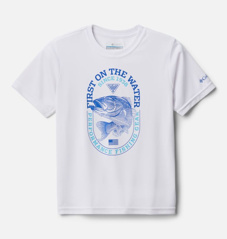 Thumbnail: Boys' PFG Terminal Tackle First On The Water Short Sleeve Shirt, Color: White, Bass, image 1
