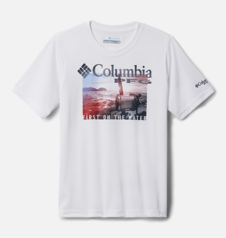 Thumbnail: Boys' PFG Terminal Tackle First On The Water Short Sleeve Shirt, Color: White, Sunrise Salt Graphic, image 1