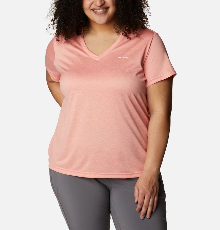 Women's Columbia Hike Short Sleeve V Neck Shirt - Plus Size, Color: Coral Reef Heather