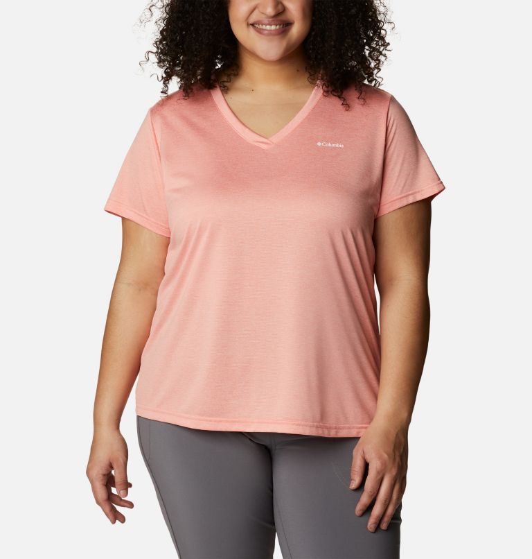 Women's Columbia Hike Short Sleeve V Neck Shirt - Plus Size, Color: Coral Reef Heather