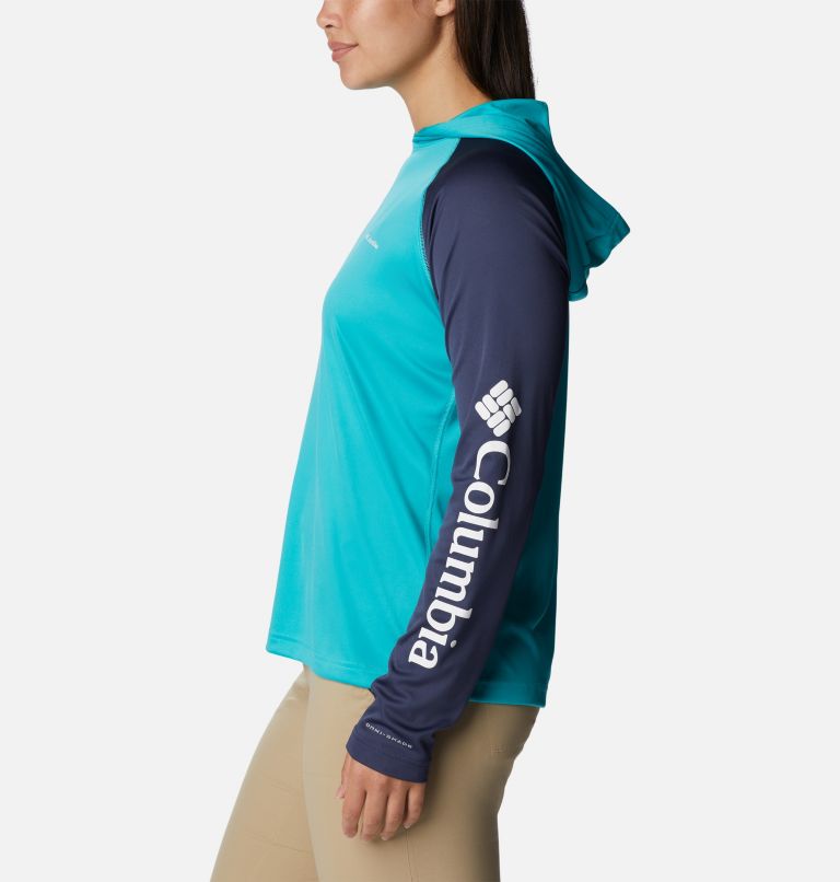 Women’s Fork Stream Long Sleeve Hoodie, Color: Bright Aqua, Nocturnal, White Logo, image 3