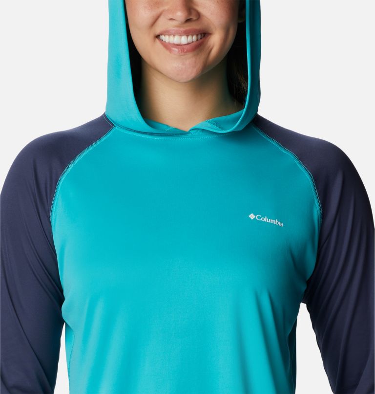 Thumbnail: Women’s Fork Stream Long Sleeve Hoodie, Color: Bright Aqua, Nocturnal, White Logo, image 4
