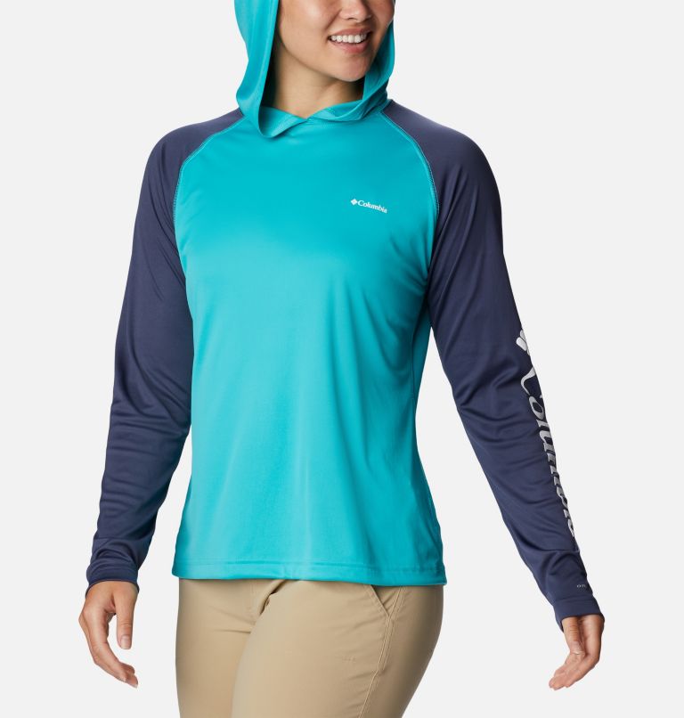 Thumbnail: Women’s Fork Stream Long Sleeve Hoodie, Color: Bright Aqua, Nocturnal, White Logo, image 5