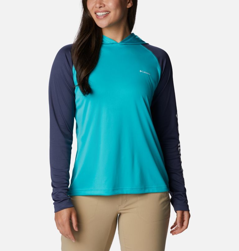 Thumbnail: Women’s Fork Stream Long Sleeve Hoodie, Color: Bright Aqua, Nocturnal, White Logo, image 1