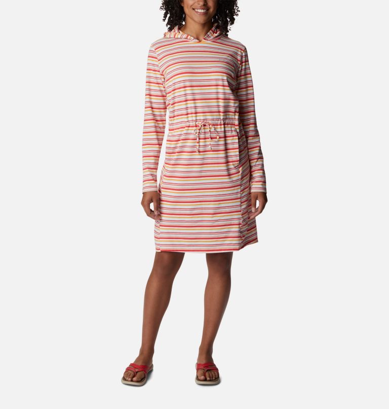 Thumbnail: Women's Sun Trek Hooded Coverup, Color: Red Hibiscus Climate Change Stripe, image 1