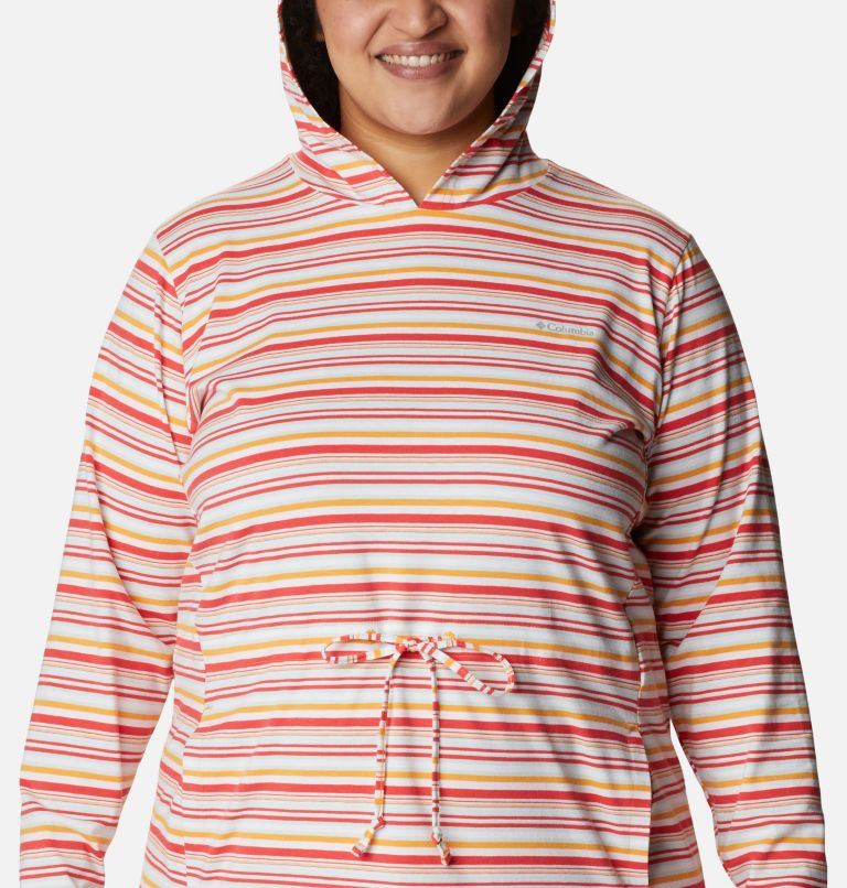 Women's Sun Trek Hooded Coverup - Plus Size, Color: Red Hibiscus Climate Change Stripe, image 4