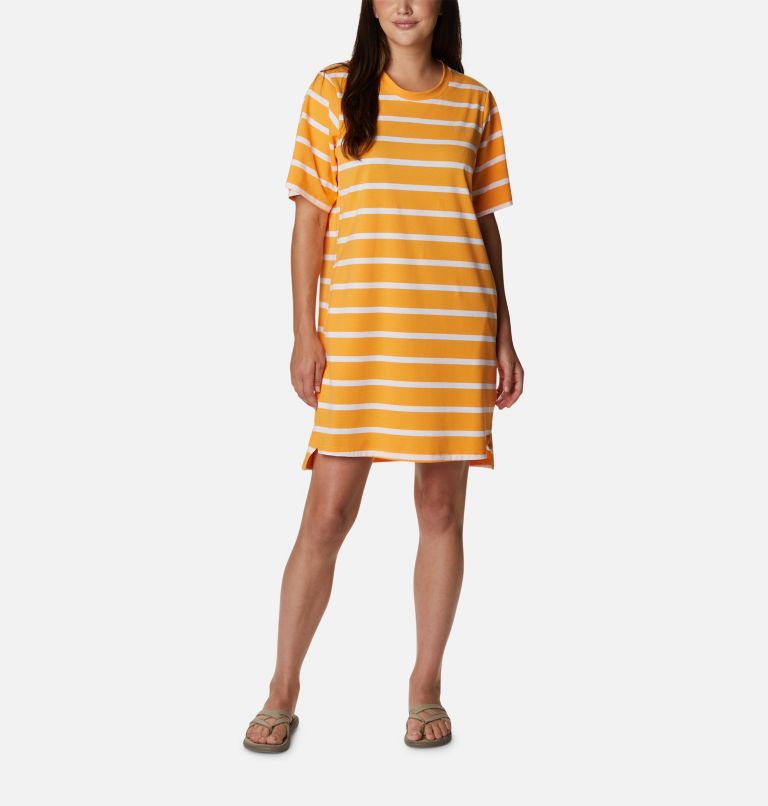 Thumbnail: Women's Sun Trek T-Shirt Dress, Color: Mango Sunrise Stripe, image 1