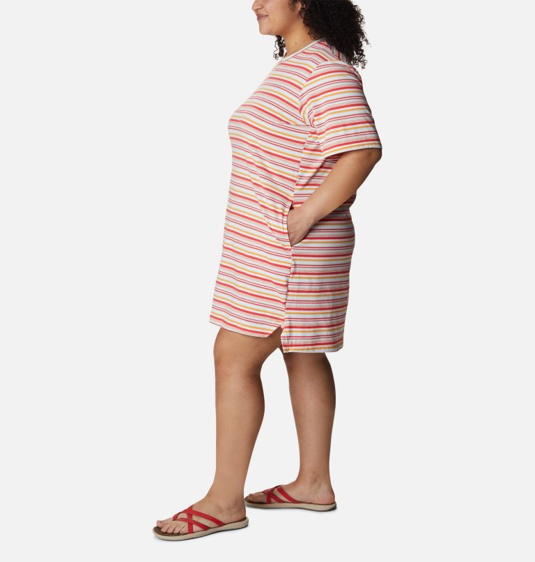 Women's Sun Trek T-Shirt Dress - Plus Size, Color: Red Hibiscus Climate Change Stripe, image 3