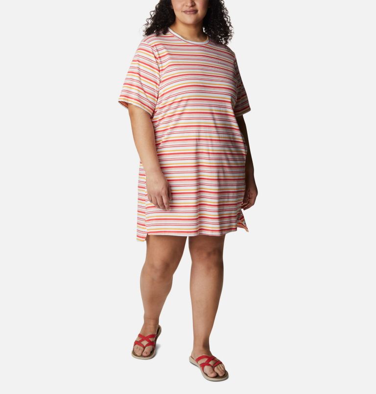 Thumbnail: Women's Sun Trek T-Shirt Dress - Plus Size, Color: Red Hibiscus Climate Change Stripe, image 5