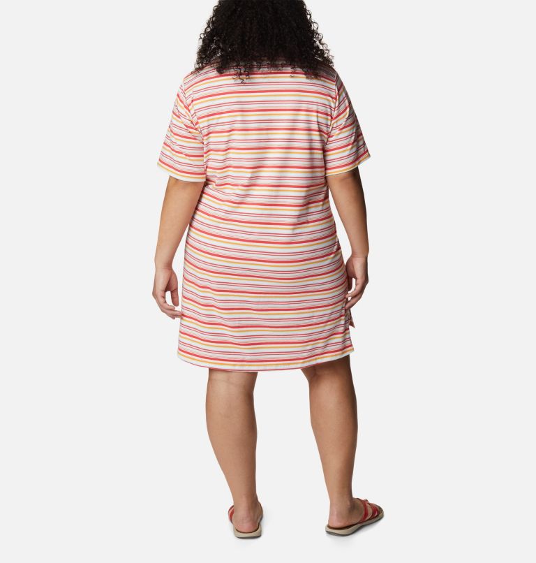 Thumbnail: Women's Sun Trek T-Shirt Dress - Plus Size, Color: Red Hibiscus Climate Change Stripe, image 2