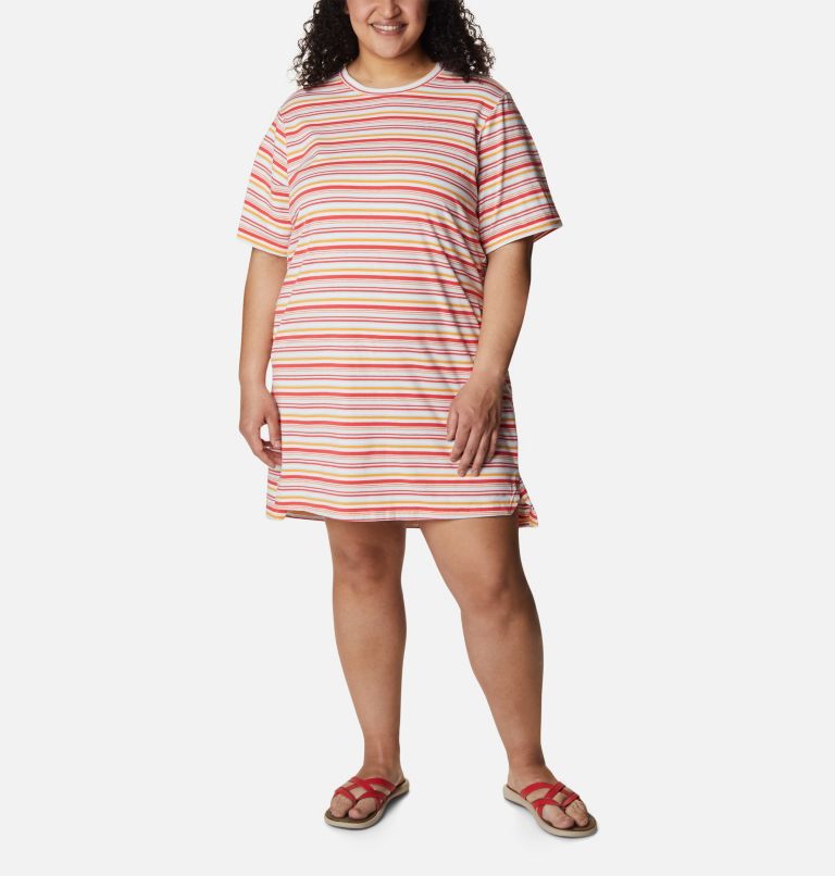 Thumbnail: Women's Sun Trek T-Shirt Dress - Plus Size, Color: Red Hibiscus Climate Change Stripe, image 1