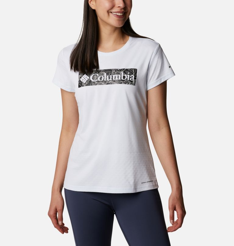 Thumbnail: Women's Cirro Ice Graphic Short Sleeve Crew Shirt, Color: White Leafy Lines, image 1
