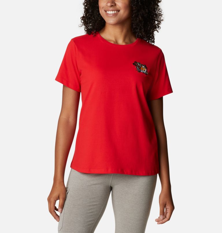 Thumbnail: Women's Alpine Way Embroidery T-Shirt, Color: Bright Red, Mini Love The Tigers, image 1