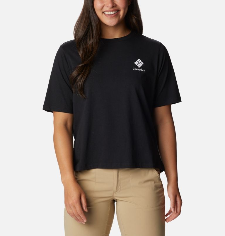Women's North Cascades Relaxed T-Shirt, Color: Black, Framed Halftone Logo Graphic, image 1