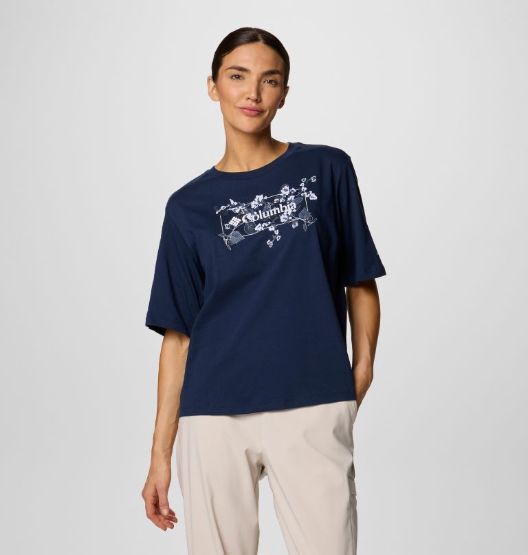 Camiseta holgada North Cascades para mujer, Color: Collegiate Navy, Floral Emblem, image 1