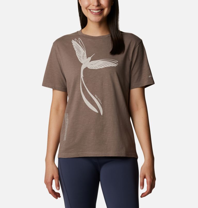 Women’s Break It Down Casual Organic Cotton T-Shirt, Color: Iron, Graphic Hummingbird, image 1