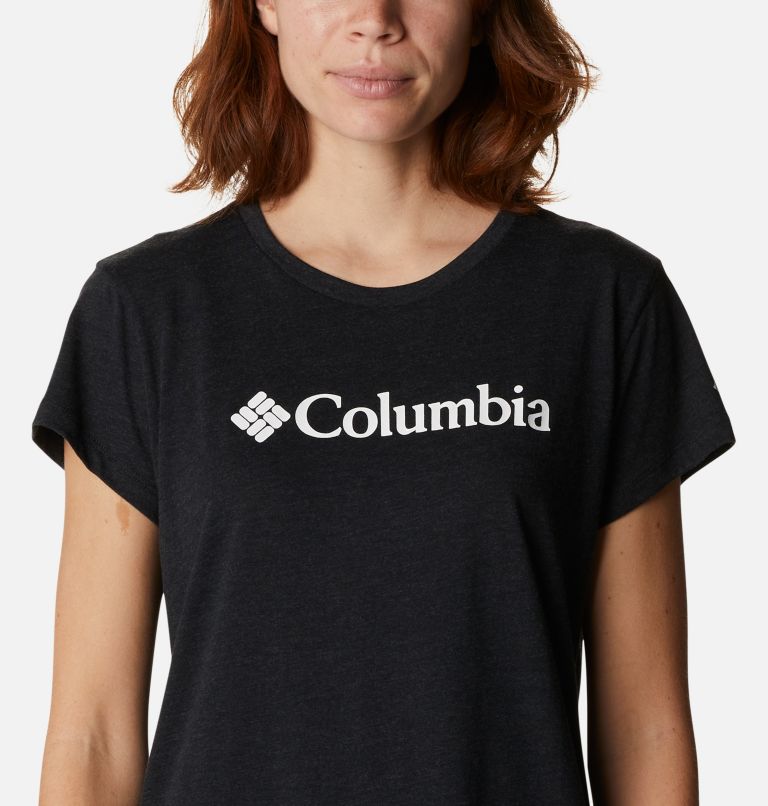 Women's Columbia Trek Short Sleeve Graphic Shirt, Color: Black Heather, Gem Columbia, image 4