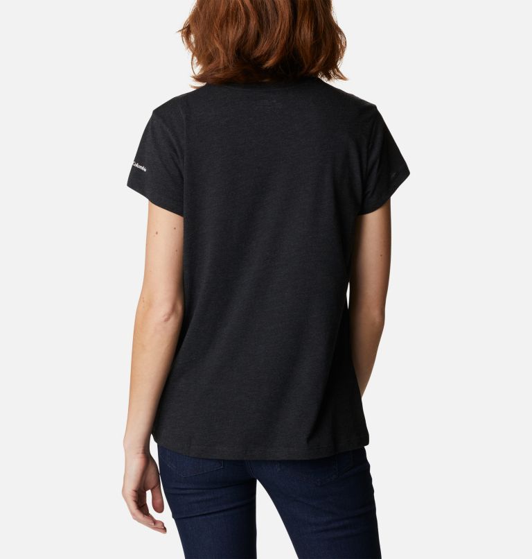 Women's Columbia Trek Short Sleeve Graphic Shirt, Color: Black Heather, Gem Columbia, image 2