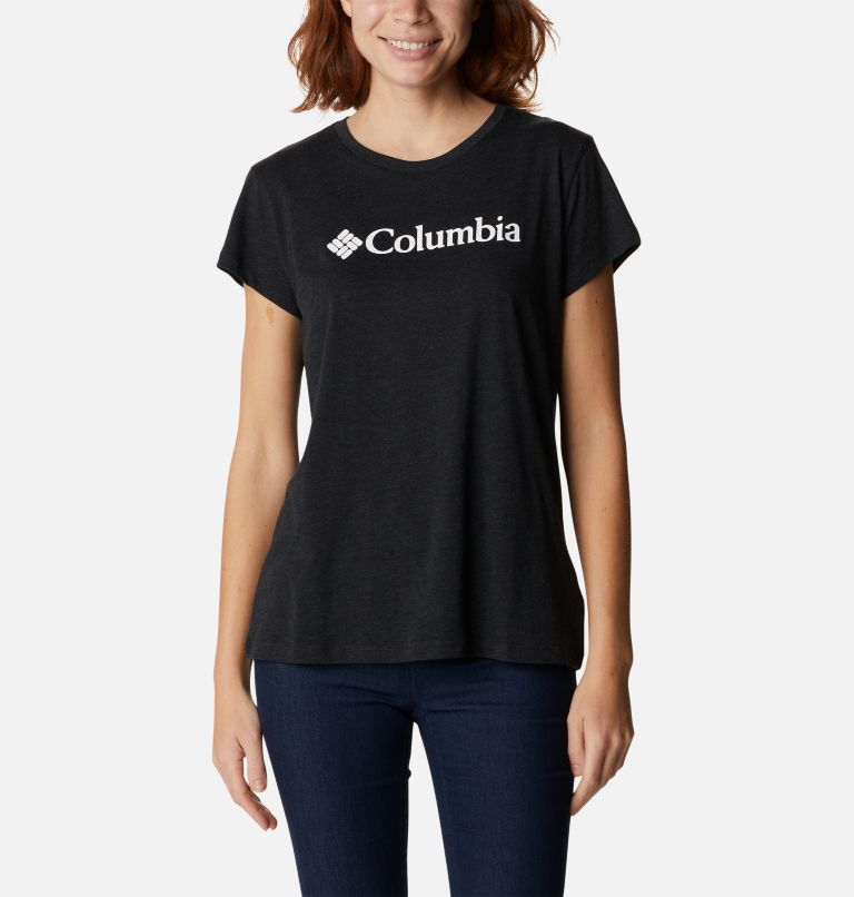 Women's Columbia Trek Short Sleeve Graphic Shirt, Color: Black Heather, Gem Columbia