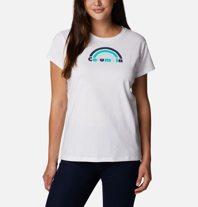 Thumbnail: Women's Columbia Trek Short Sleeve Graphic Shirt, Color: White, Blocked Rainbow, image 1
