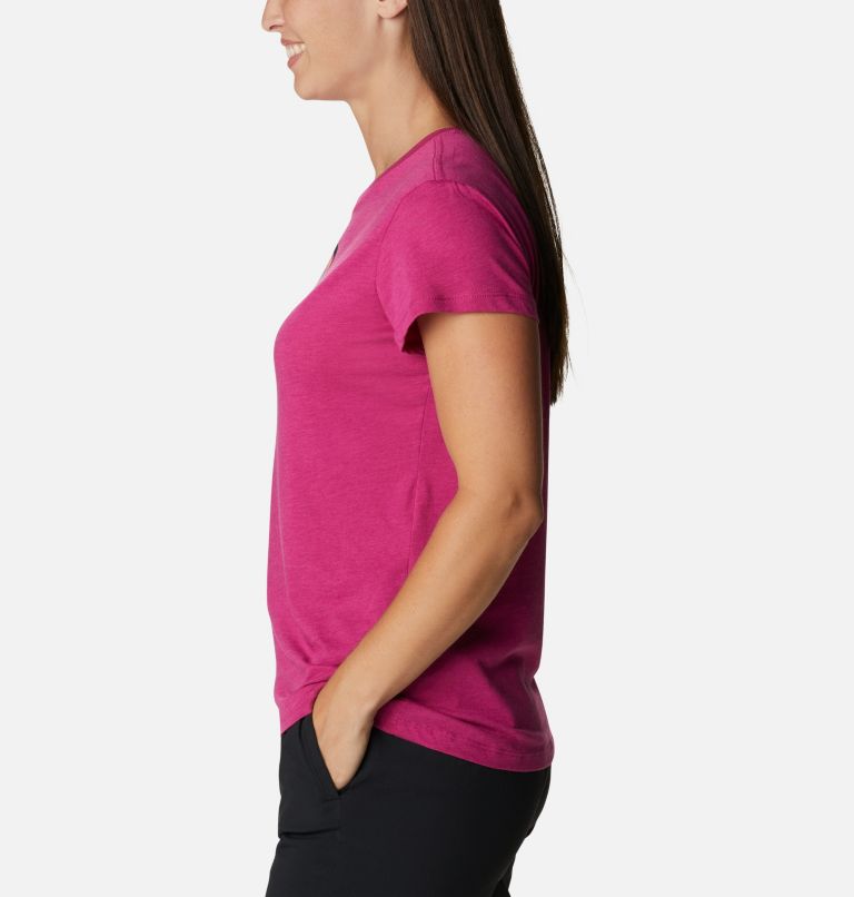 Thumbnail: Women's Columbia Trek Short Sleeve Graphic Shirt, Color: Wild Fuchsia Heather, Blocked Rainbow, image 3