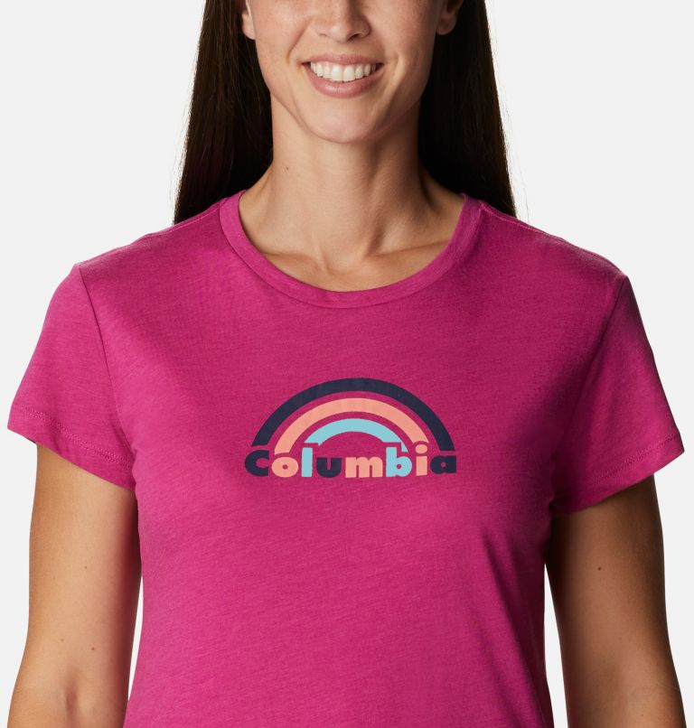 Thumbnail: Women's Columbia Trek Short Sleeve Graphic Shirt, Color: Wild Fuchsia Heather, Blocked Rainbow, image 4