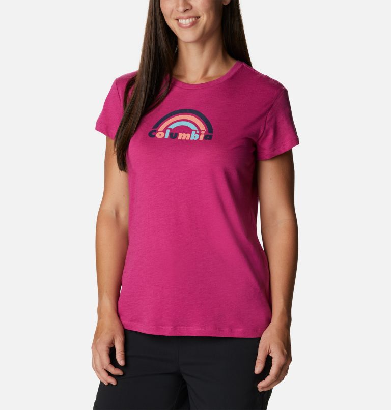 Thumbnail: Women's Columbia Trek Short Sleeve Graphic Shirt, Color: Wild Fuchsia Heather, Blocked Rainbow, image 1