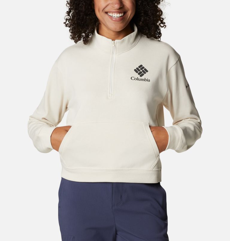 Women's Columbia Trek French Terry Half Zip Sweatshirt, Color: Chalk, Stacked Gem