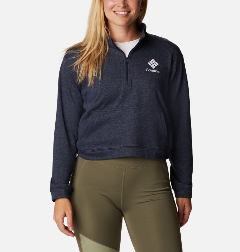 Thumbnail: Women's Columbia Trek French Terry Half Zip Sweatshirt, Color: Collegiate Navy Heather, Stacked Gem, image 1