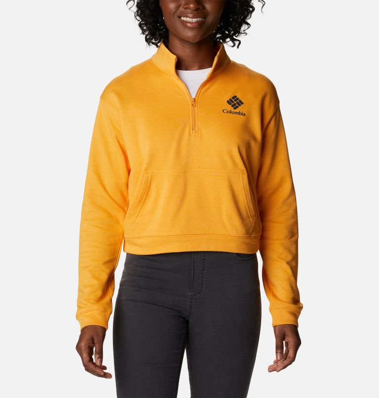 Women's Columbia Trek French Terry Half Zip Sweatshirt, Color: Mango Heather, Stacked Gem, image 1